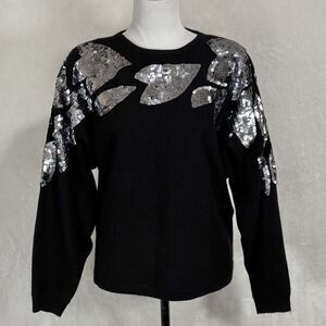 Vintage Rinzi Lambs Wool Sweater Size S Black Silver Sequins Shoulder Pads 80s‎